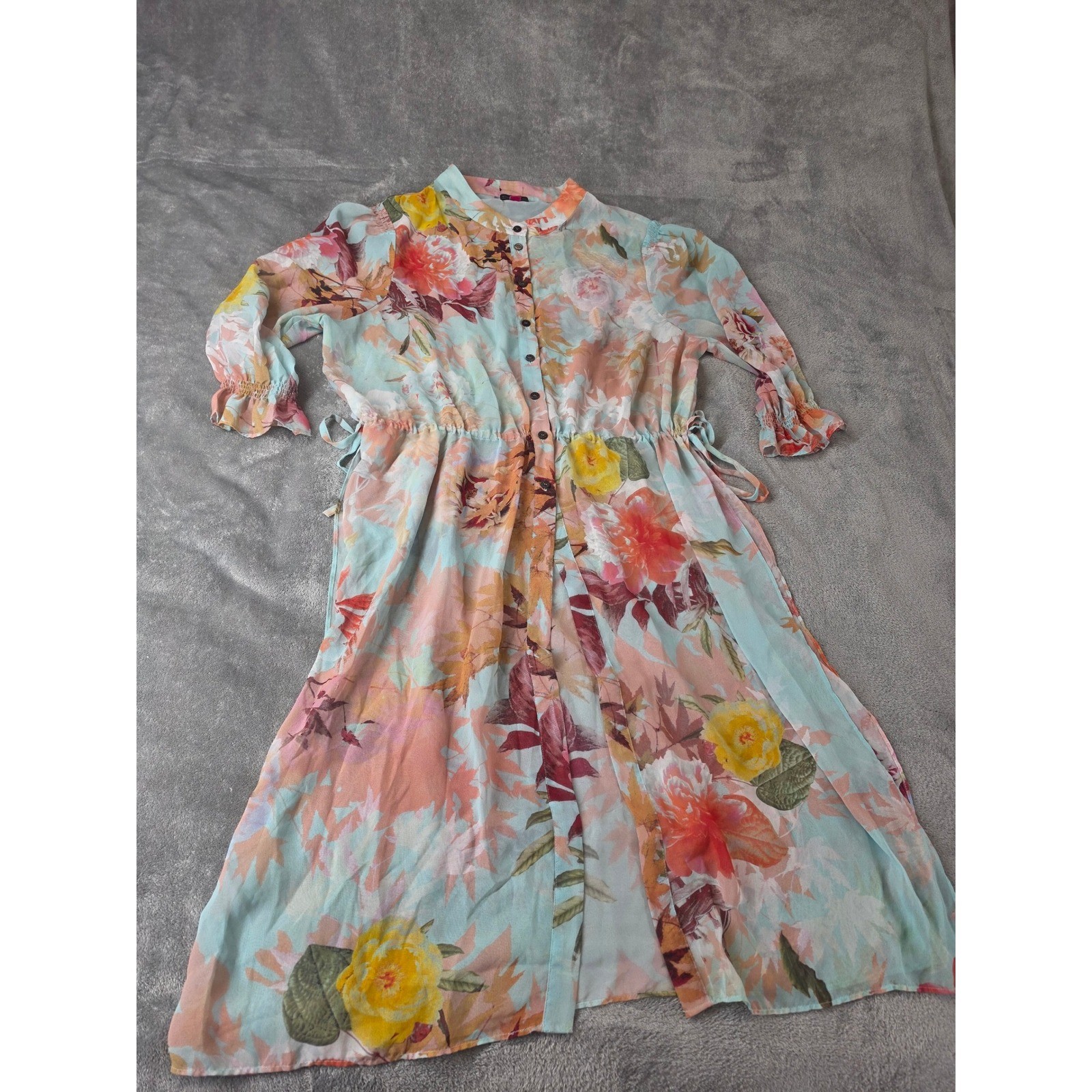 Vince Camuto Floral Button Front Midi Dress Blue XL Drawstring Waist Side Slits