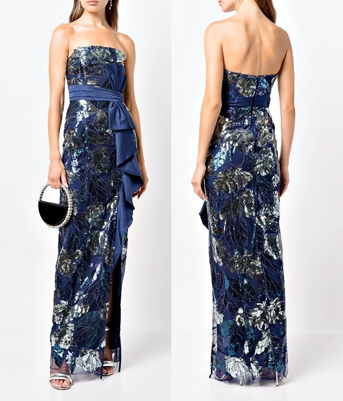 Marchesa Notte Navy & Silver Sequin Mikado Bow Gown With Deep Slit sz 6 $995