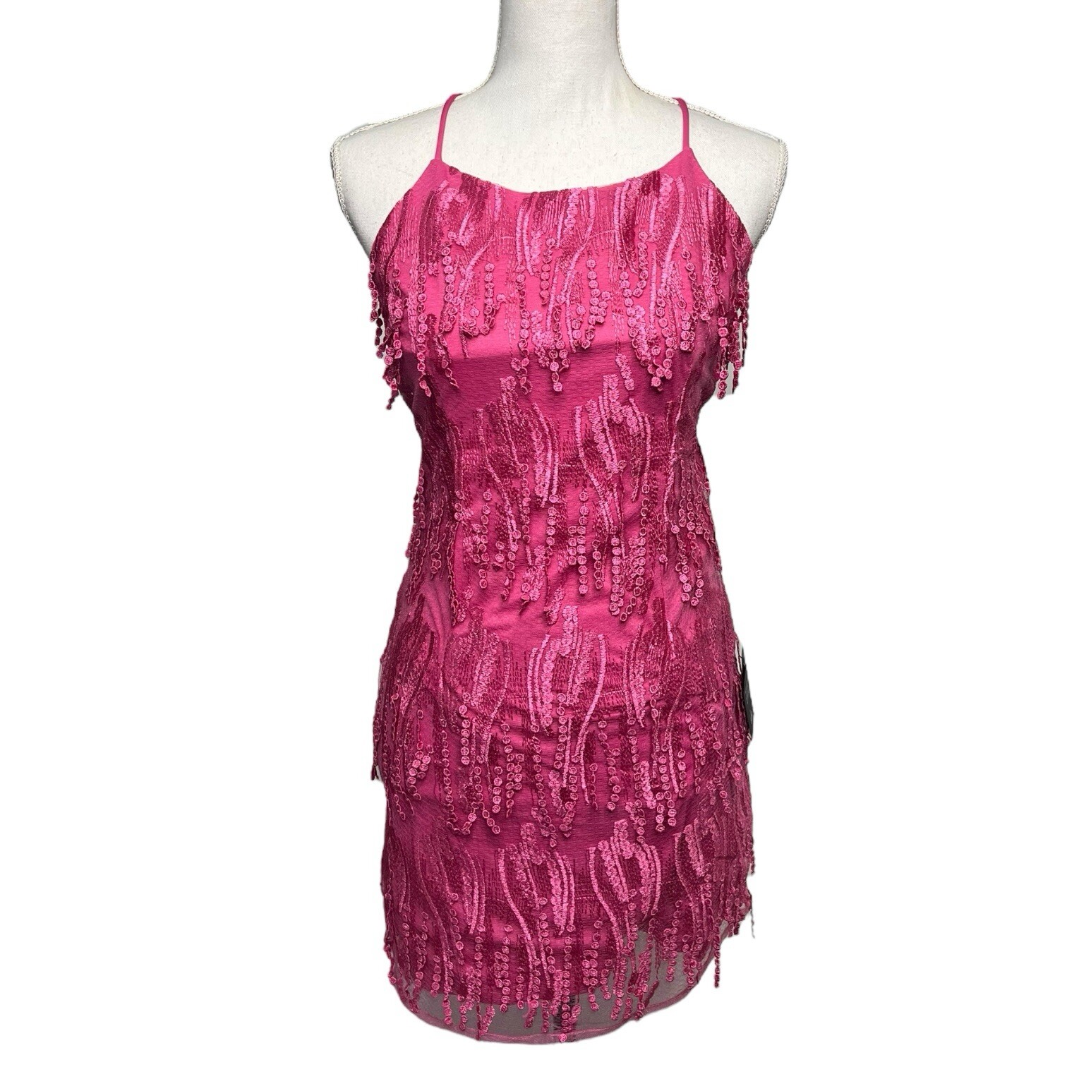 New Lulus Dress Womens M Making Magic Fringe Lace Up Mini Overlay Bright Pink