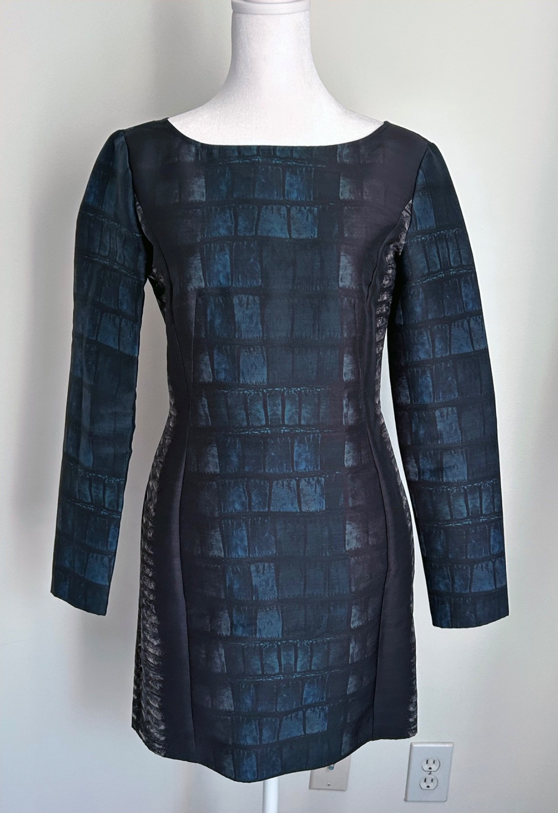 Cédric Charlier Sheath Long Sleeve Dress, Laine Wool Blend, Reptile Print, Sz 6