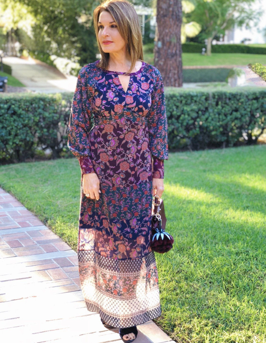 Cabi Dress Womens Medium Purple Floral Long Sleeve Boho Midi Multicolor 3675
