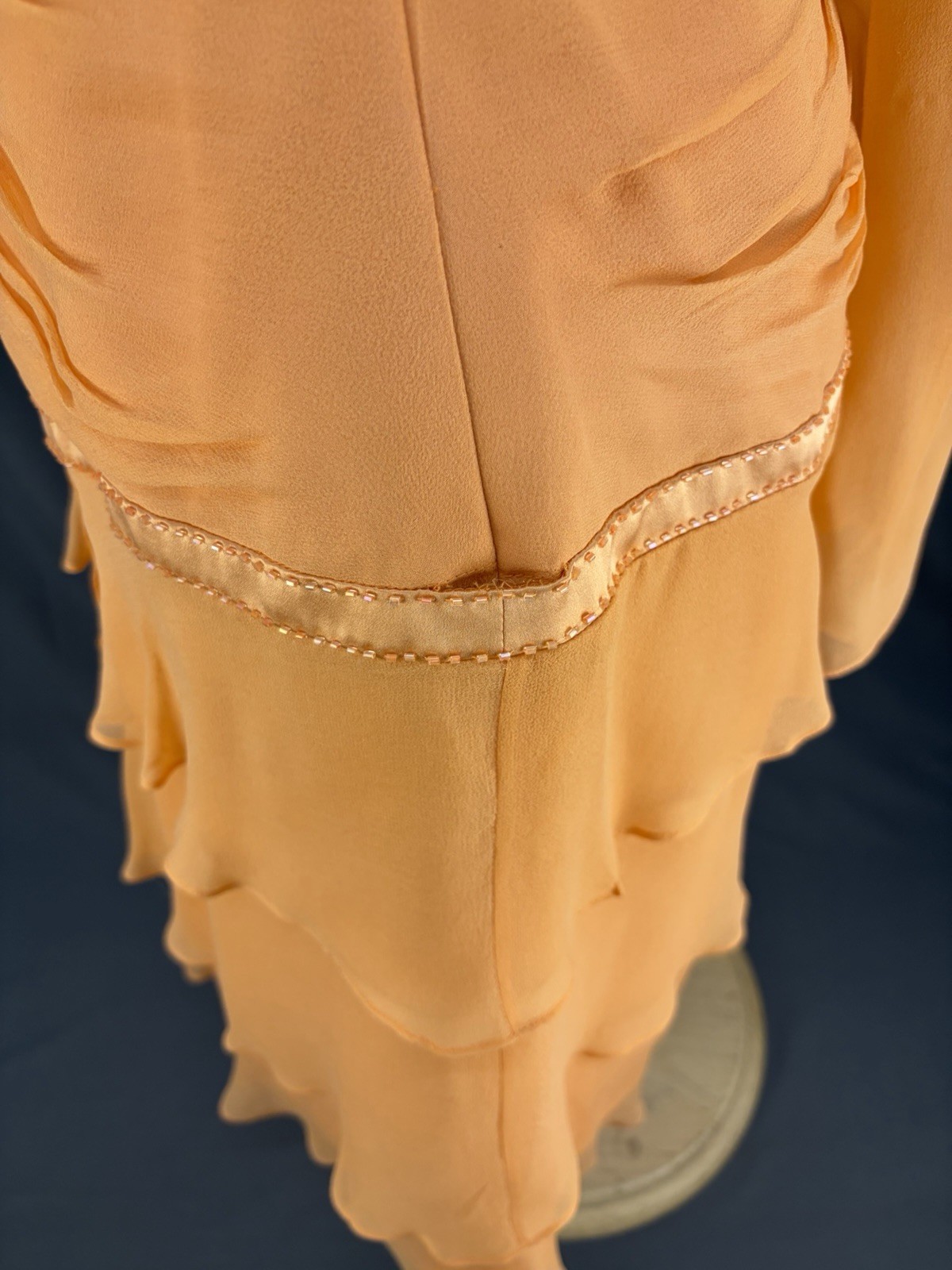 VTG CAILAN’D Orange Beaded Ruffled Midi Dress Size 16 with Matching Neck Scarf