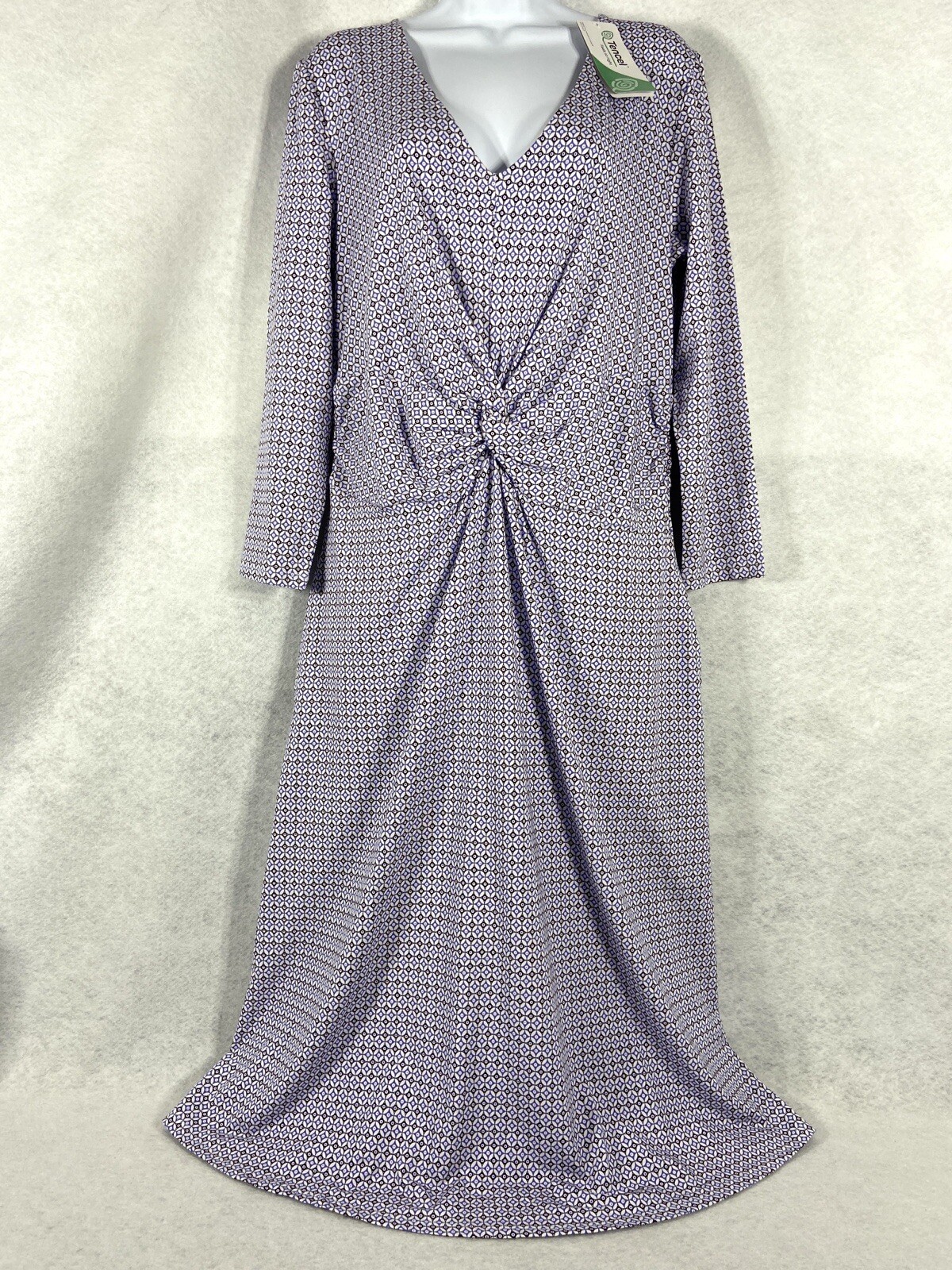 Lands End Dress Women’s M Tall White Blue Sheath Ruched 3/4 Sleeve Geometric NWT