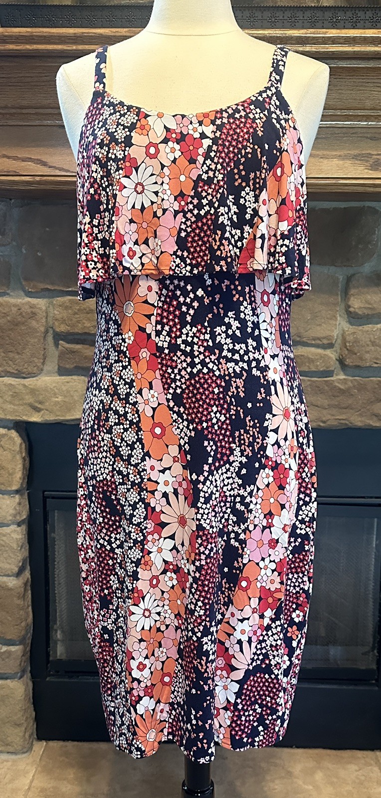 MICHAEL KORS FLORAL SPAGHETTI STRAP STRETCHY KNIT SUNDRESS SZ L BLUE WHITE RED