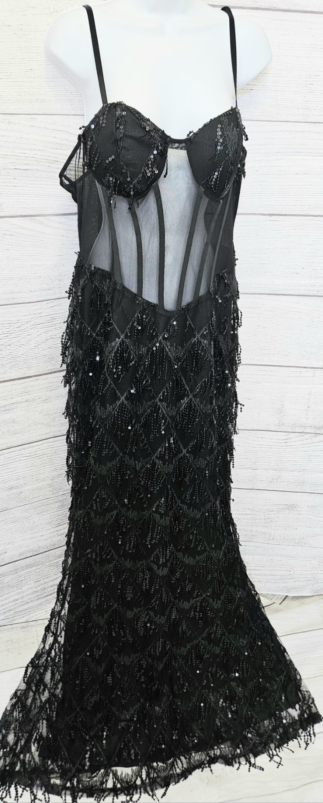 Women’s Black Sheer Mesh Sequin Beaded Fringe Maxi Dress Sweetheart Neck XL