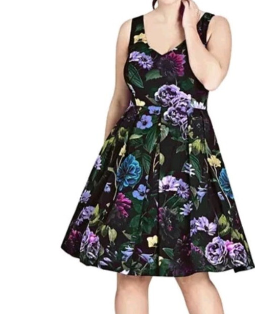 City Chic Plus Size 18W Floral Garden Party Dress Taffeta Vneck Sleeveless Black