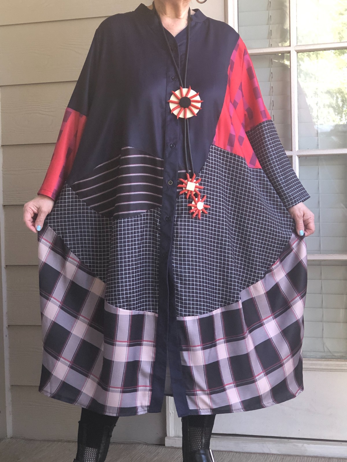 LAGENLOOK ARTSY BOHO BUBBLE PATCHWORK ASYMMETRIC PLAID DRESS DUSTER ONE SIZE