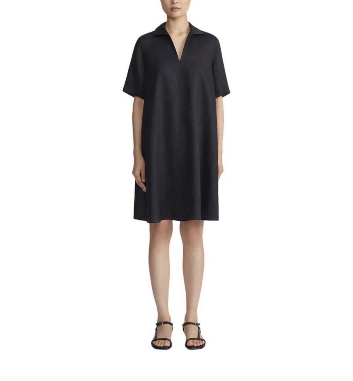 Lafayette 148 New York Black Cuffed Short Sleeve Popover Shift Shirt Dress M