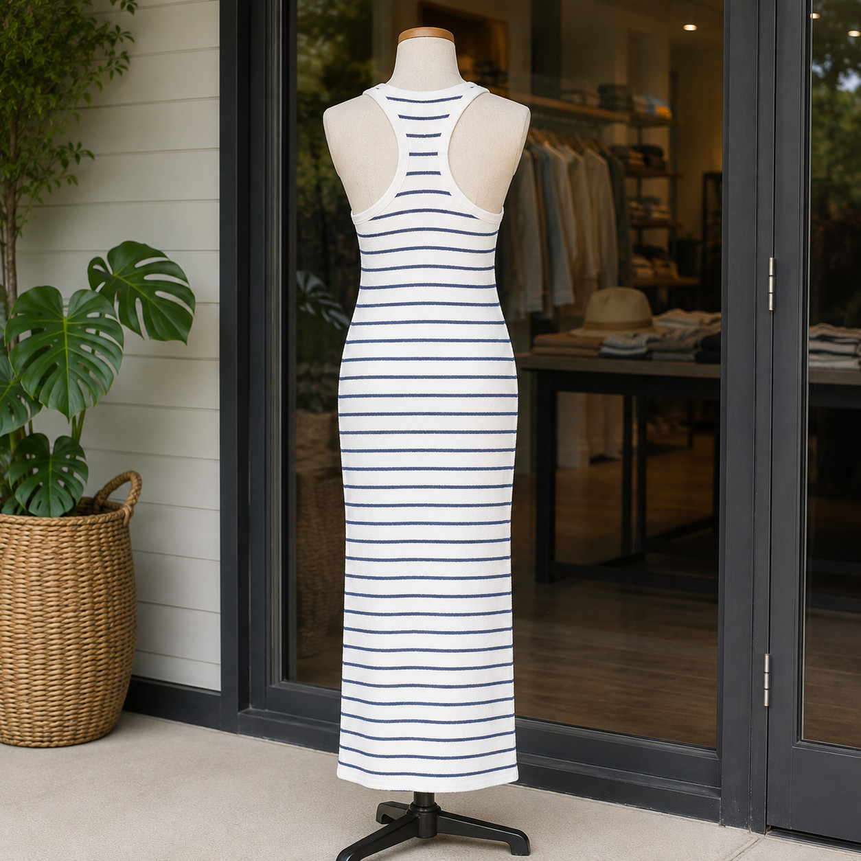 Faherty Cabana Towel Terry White/Navy Strip Surf Stripe Maxi Dress | Racerback