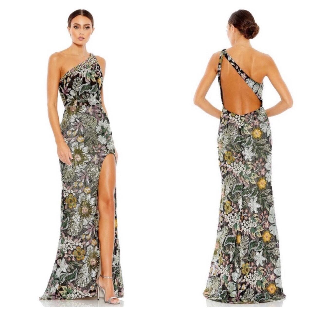 Mac Duggal Women’s Embellished Floral One Shoulder Gown Black Multi Size 4 NWT
