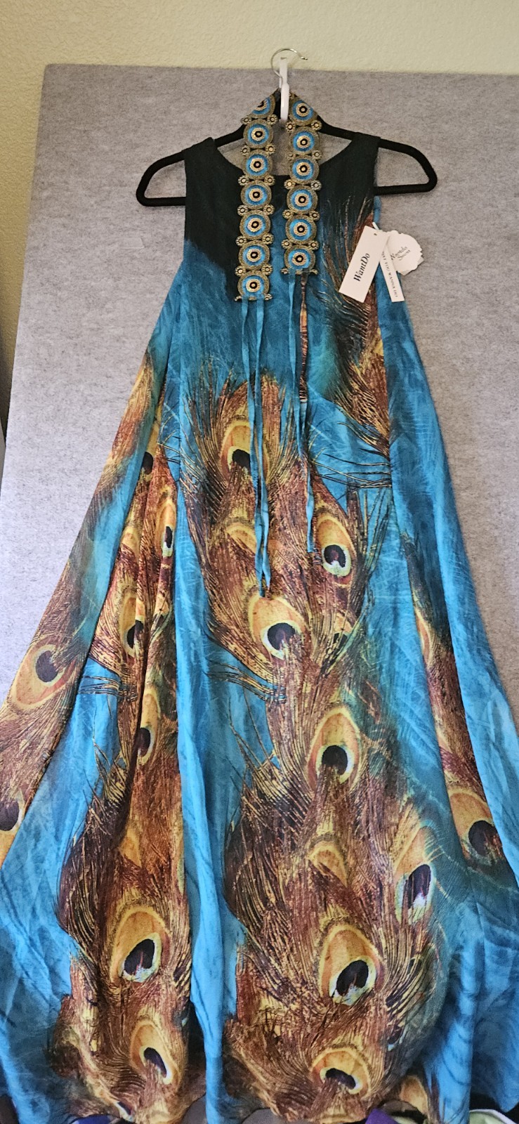 NWT WantDo Peacock Maxi Dress 10 L Turquoise Chiffon Beaded Waist 58″ Belted
