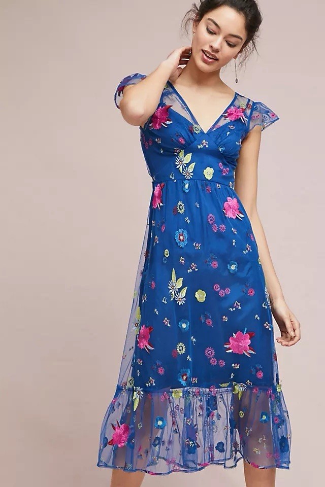 Tracy Reese x Anthropologie Floral Embroidered Topaz Dress Size 6P Boho Fairy