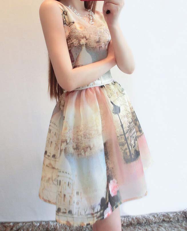 Fashion Irregular 3D Printing Random Crop Organza Dress