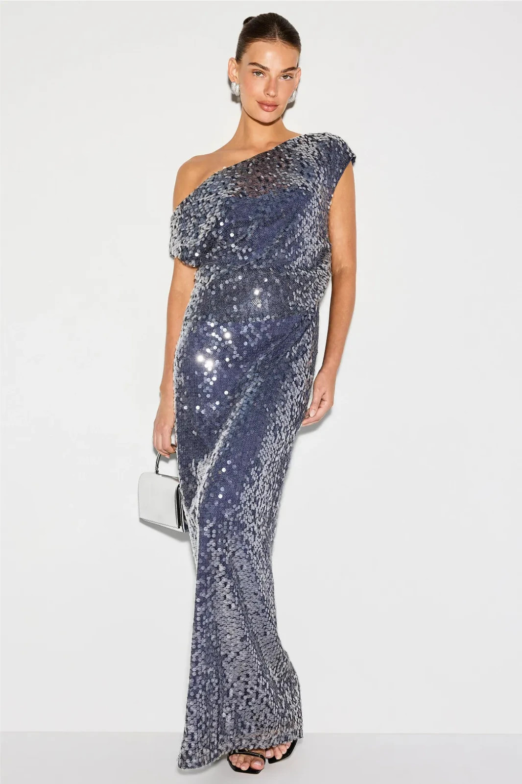 One33 Social Asymmetrical Shoulder Maxi Gown Navy Sequin Blouson sz 4 Club Gala
