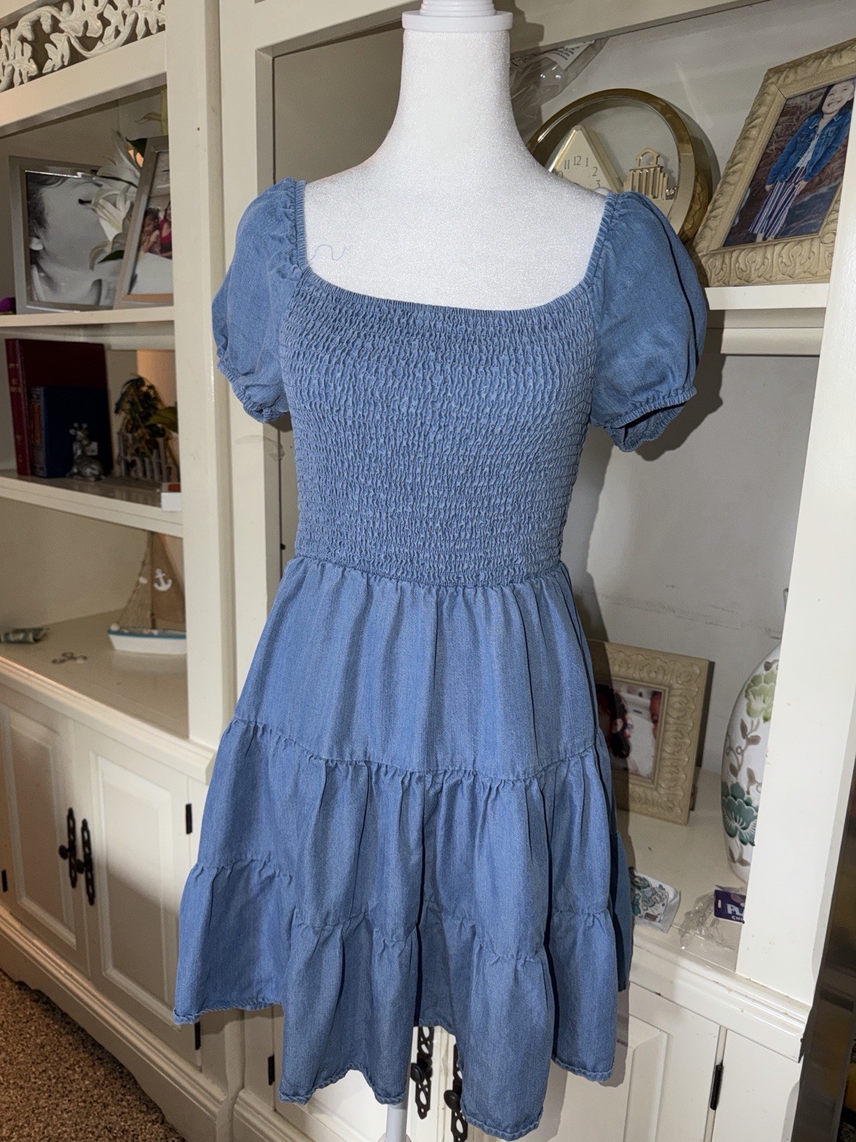 Harper & Ivy Blue Tencel Smocked Mini Dress Puff Sleeve Tiered Chambray Sm NWT