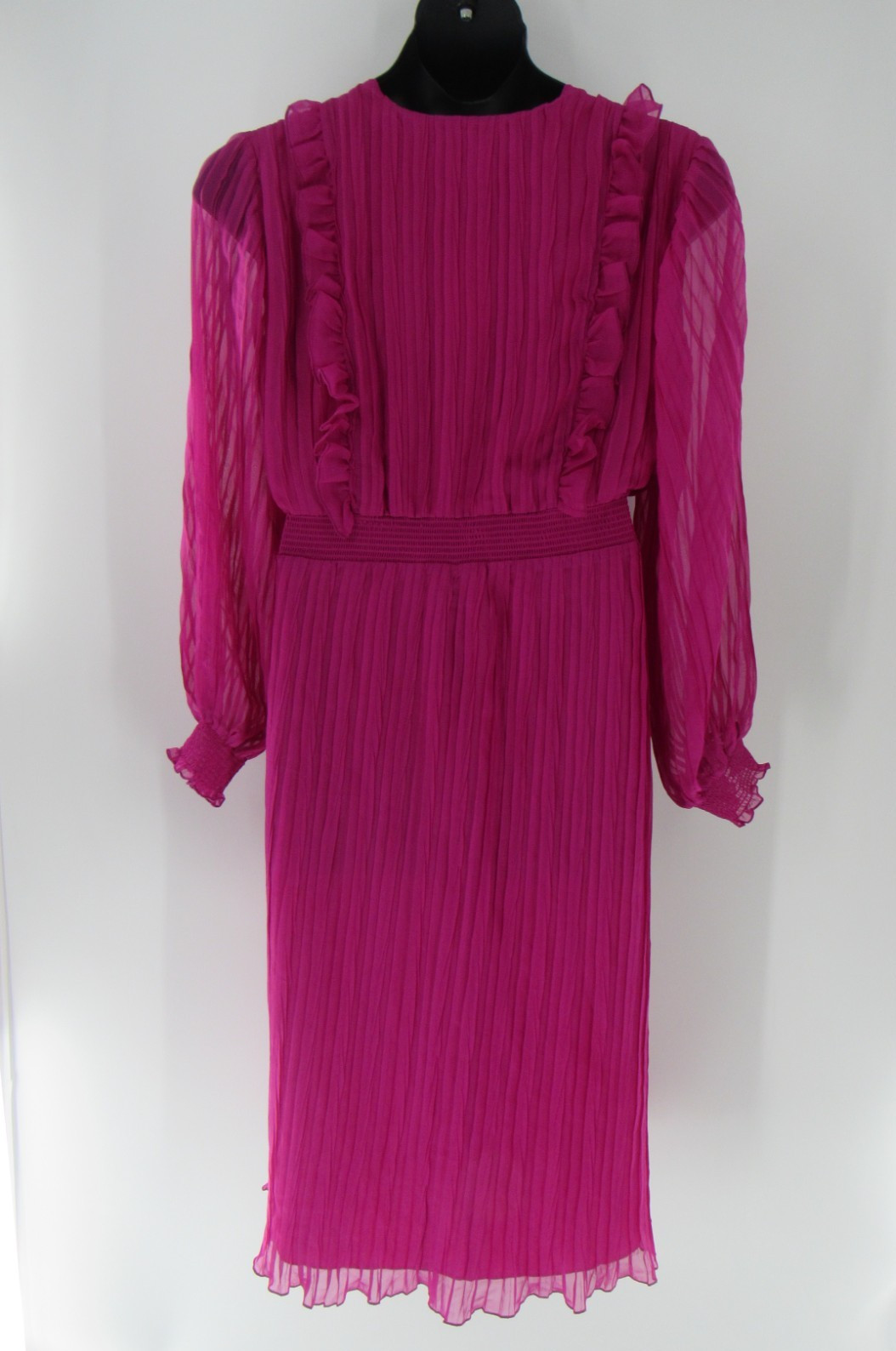 ELOQUII Plus Size Purple Pleated Midi Dress Wedding Guest Retro Ruffle Trim 70s