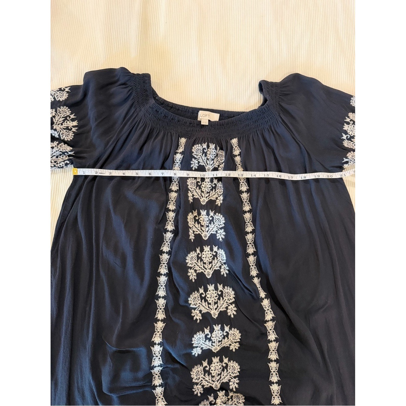 LOFT Navy Embroidered Peasant Dress Medium Off Shoulder Boho Shift Dress