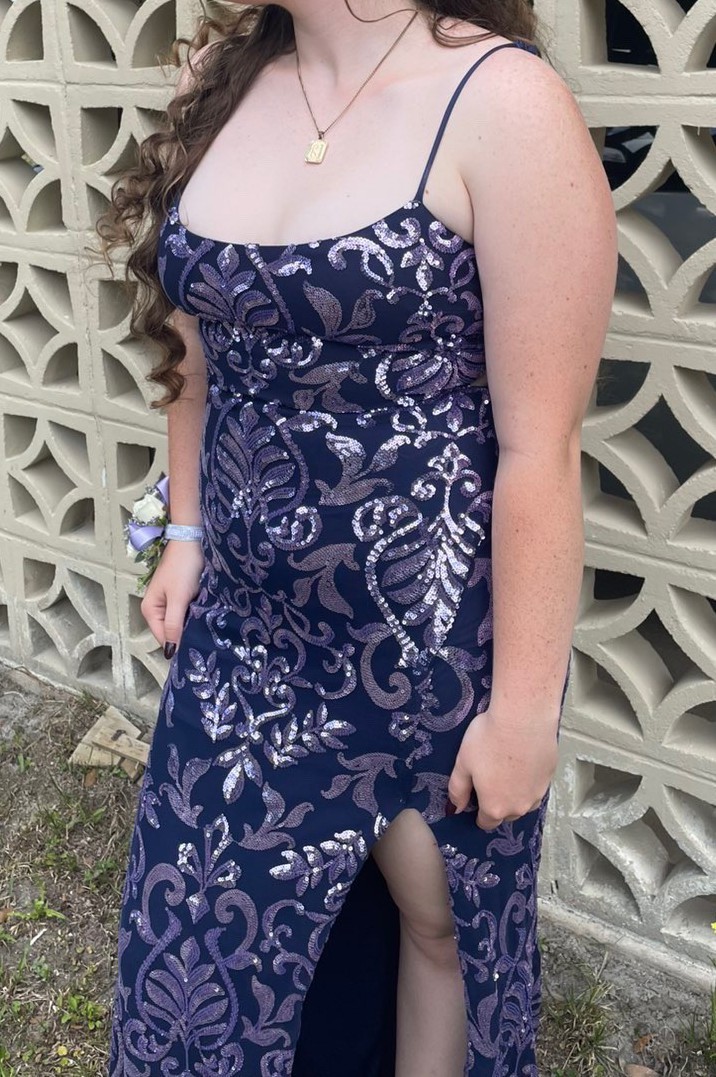 Women’s Navy/Silver Sequin Floral Maxi Ball Gown Dress Size 8 Backless Slit