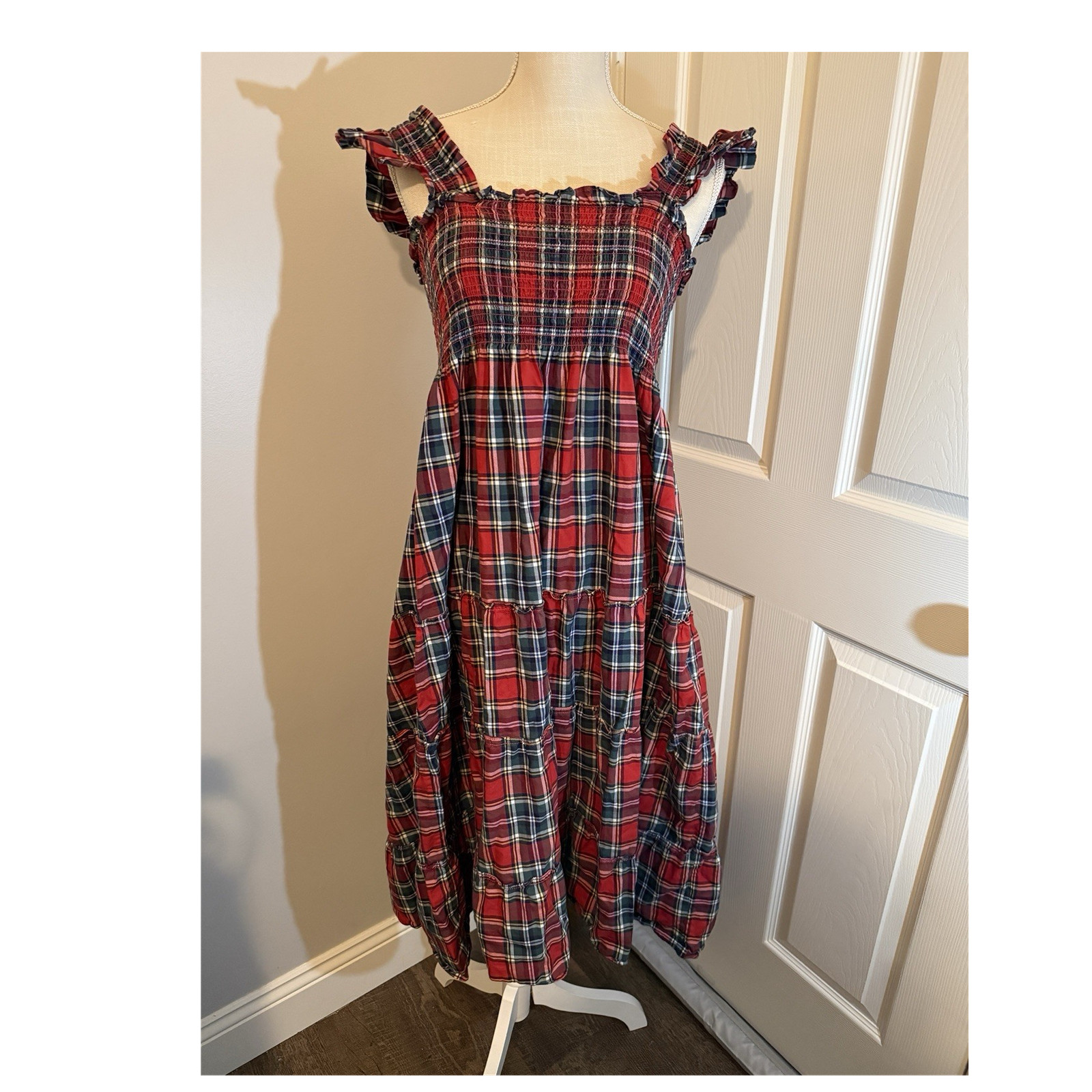 Hill House Home Red Navy Green Plaid Smocked Ruffle Midi Dress Sleeveless M