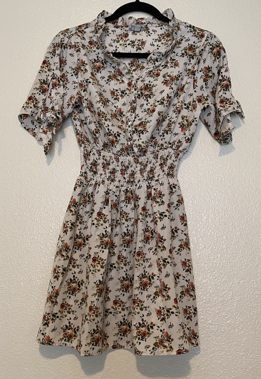 Justify White/Multicolor Floral Button Front Smocked Collared Short Dress M