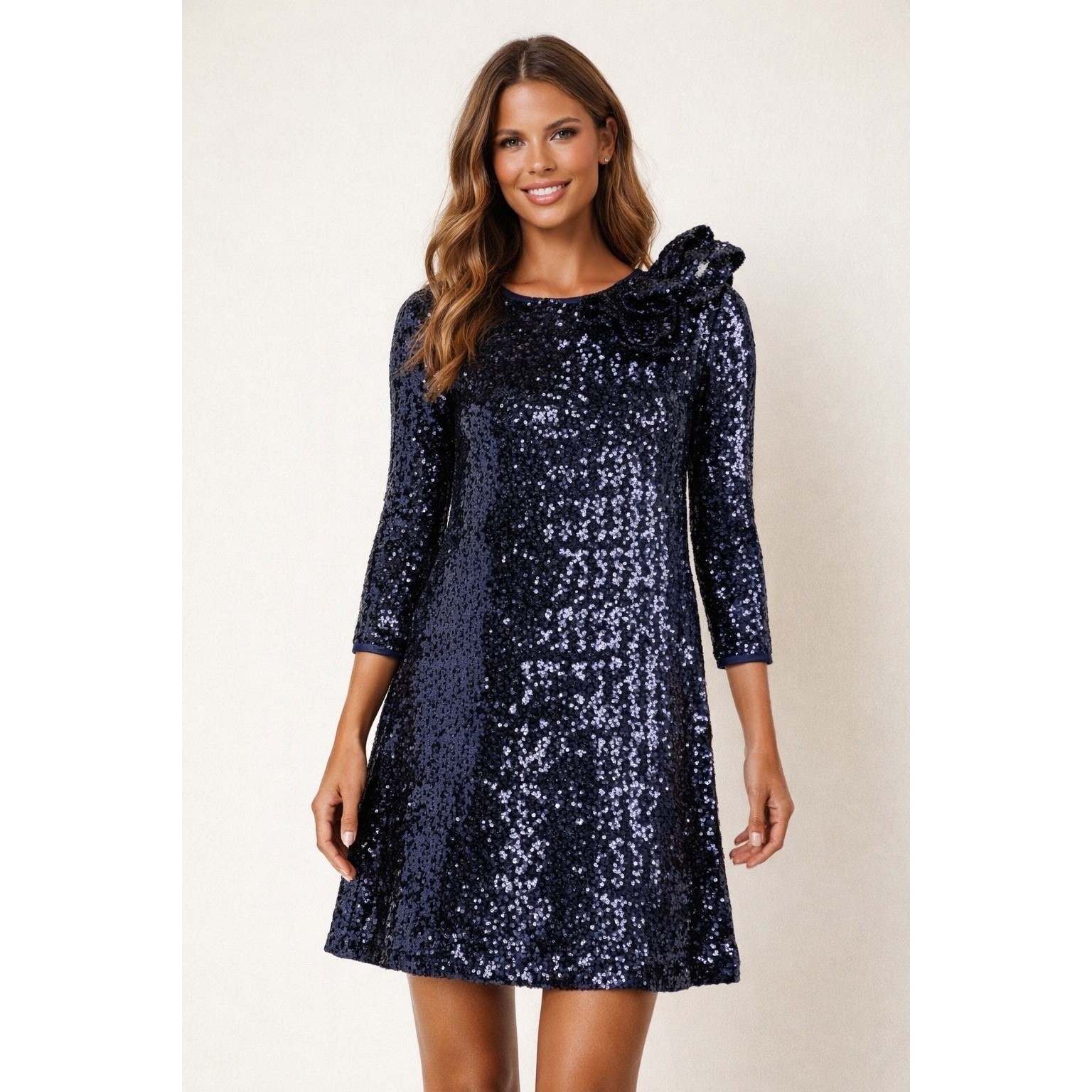 Chiara Boni La Petite Robe Sequin Ruffle Shoulder Dress Navy | IT 46 (US 10) NWT