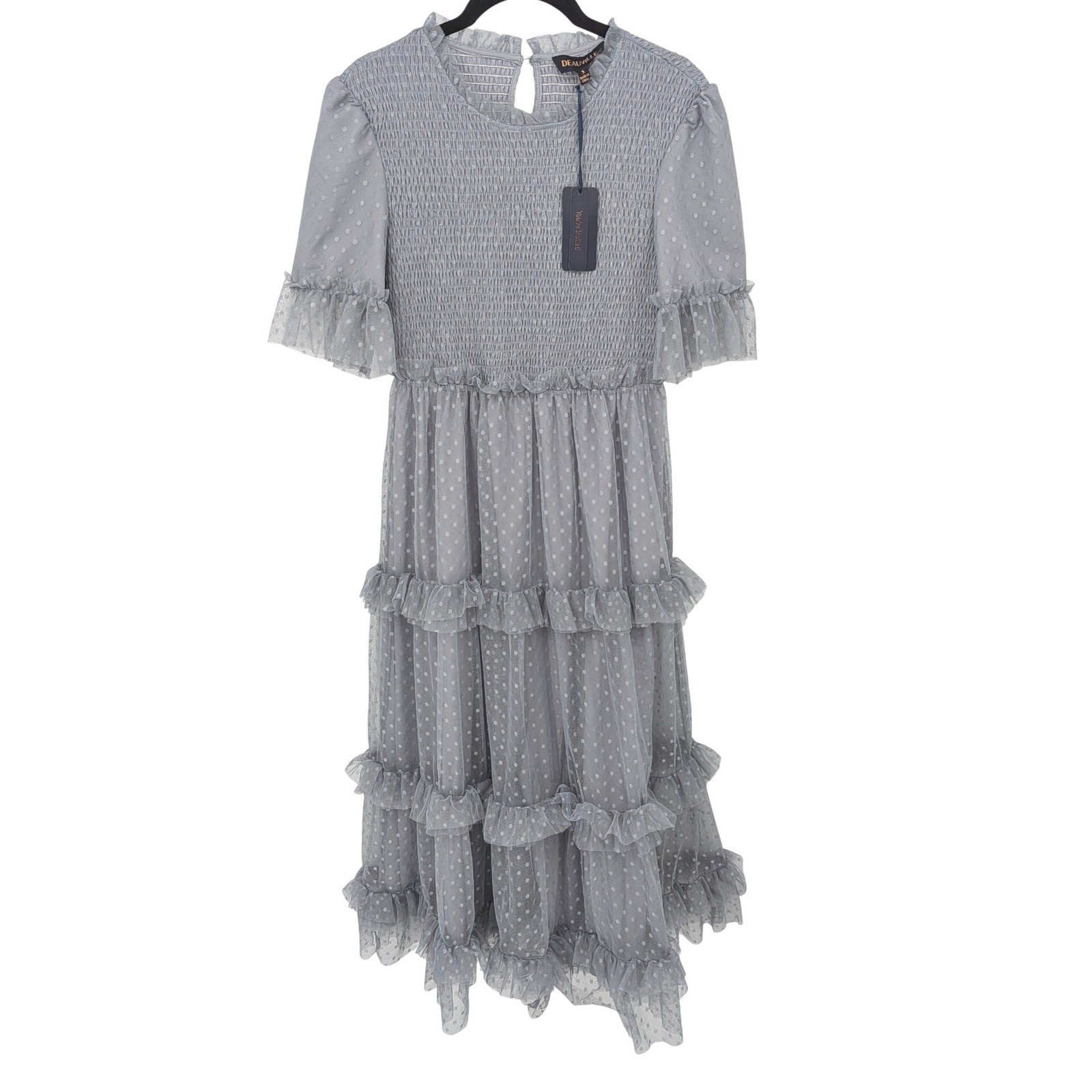 Deauville Mesh Dress Womens Small Gray Smocked Swiss Dot Tiered Midi Ethereal