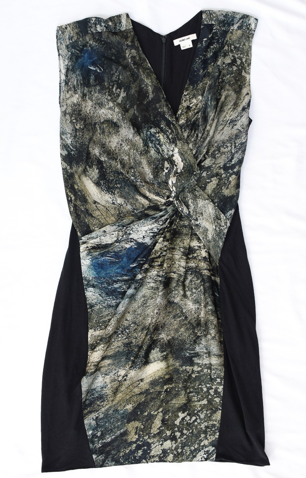 Helmut Lang Silk Twist Front Abstract Dress Green Black Sz 4 Raven Print Sateen