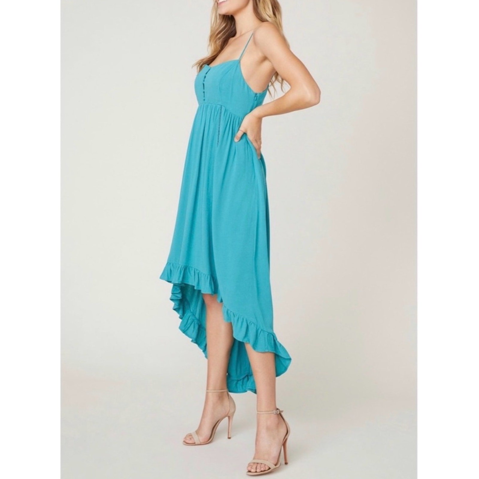 Jack by BB Dakota Turquoise Ruffle High-Low Spaghetti Dress