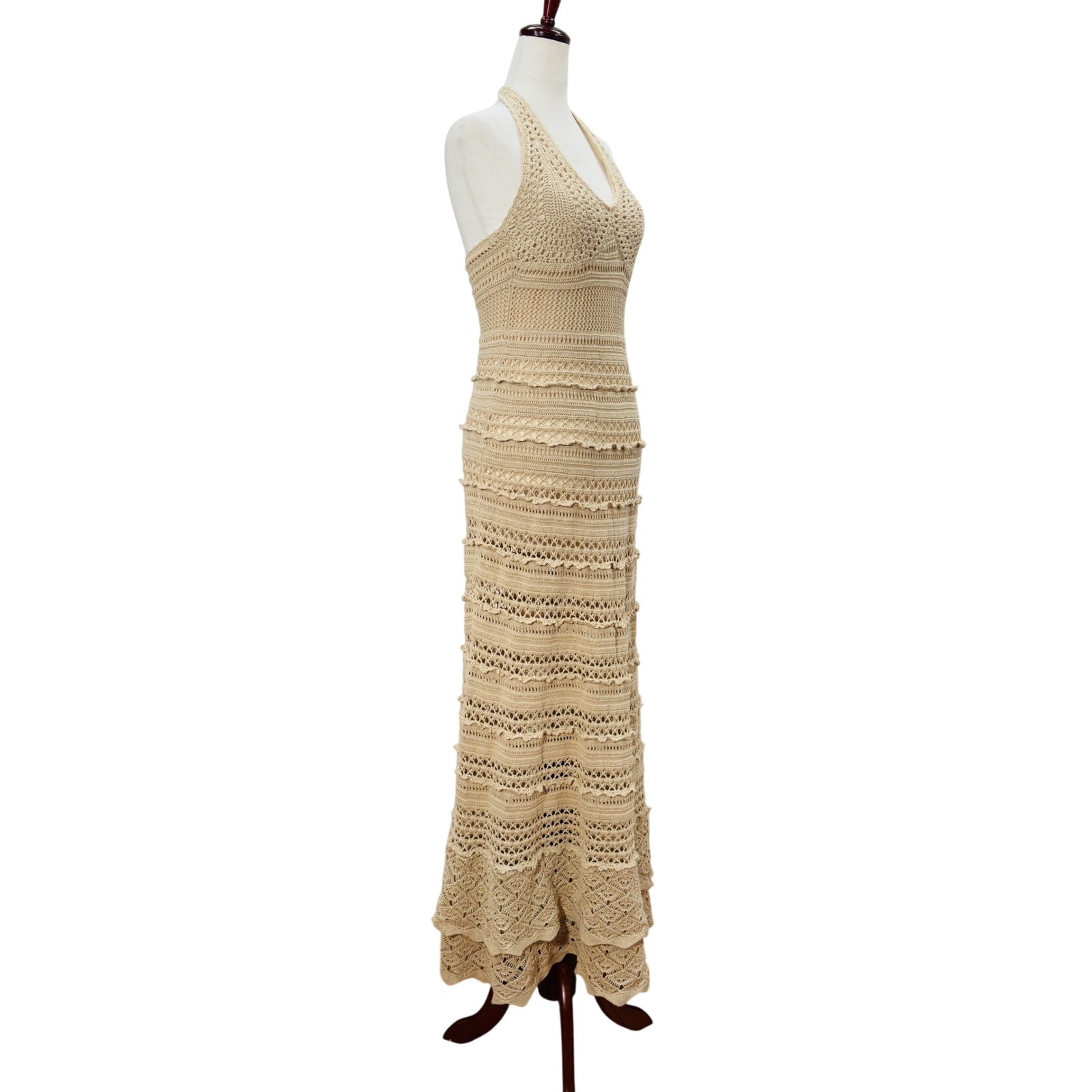 Moda International Crochet Maxi Dress Halter Open Knit Boho Festival Beach VTG