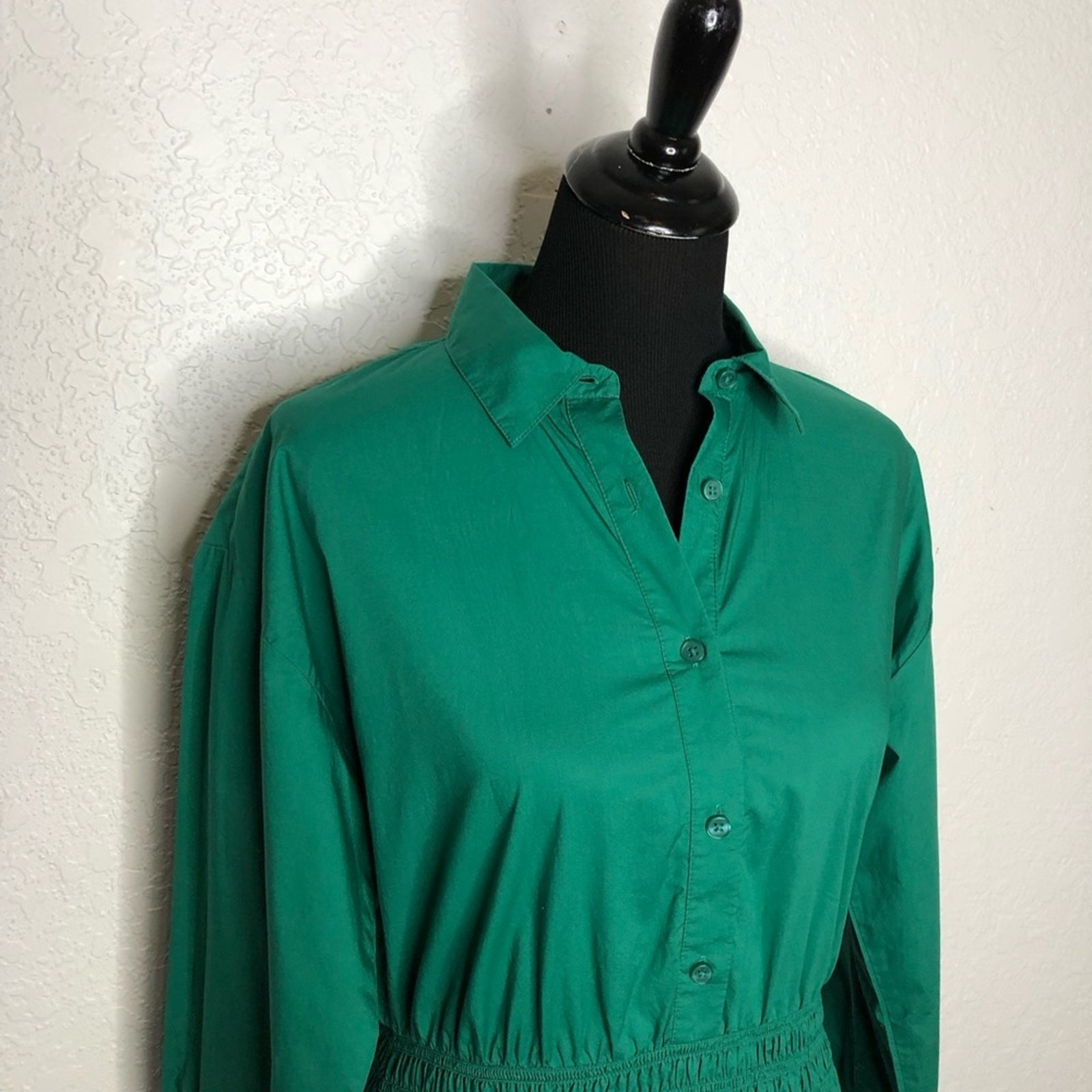 Ann Taylor green smocked waist button down midi shirt dress size 6
