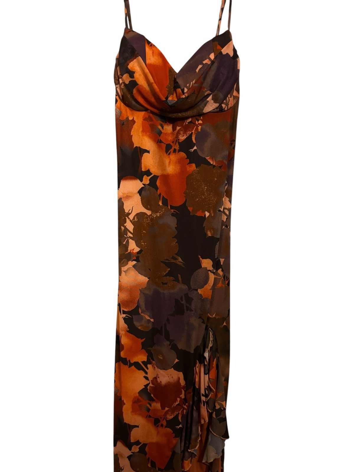 Alyn Paige Women’s 4 Floral Satin Slip Maxi Dress Cowl Neck Straps Brown