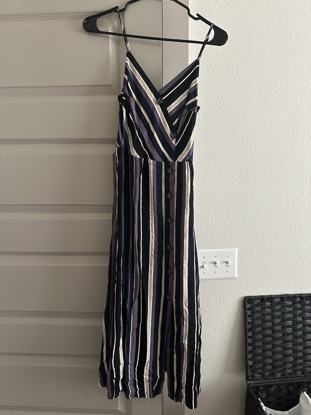 Purple Black White Beige Striped Button Midi Sundress Sleeveless V-Neck Casual