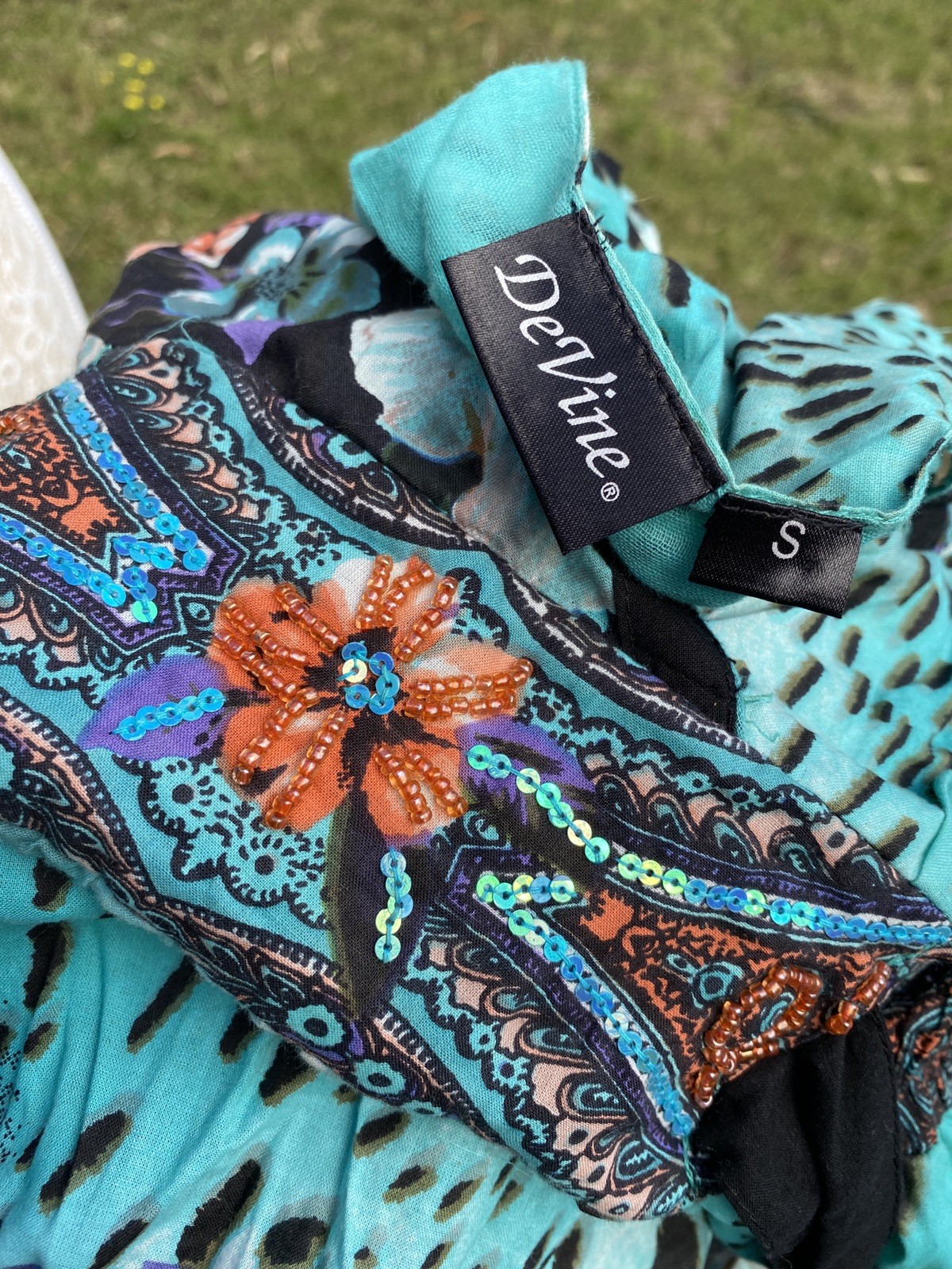 Vintage DeVine Beade Sequins Maxi Dress With Boho Paisley Floral Cheetah Print