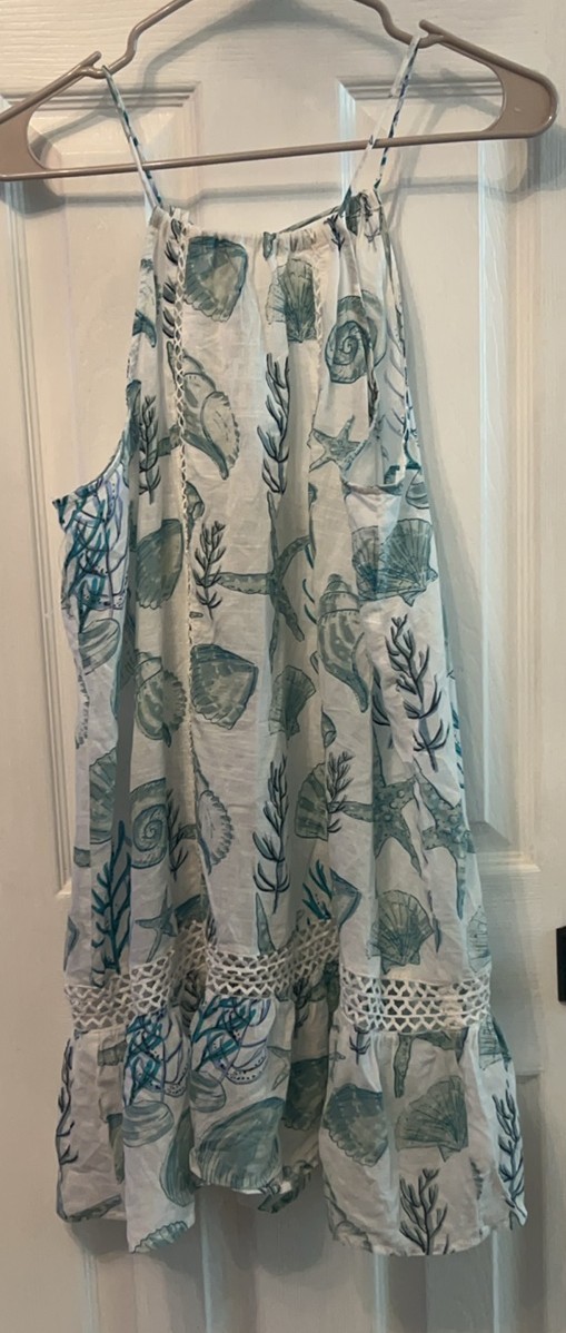NWOT Blue Island White and Blue Seashell Halter Dress SZ M FLAW SEE PIC!