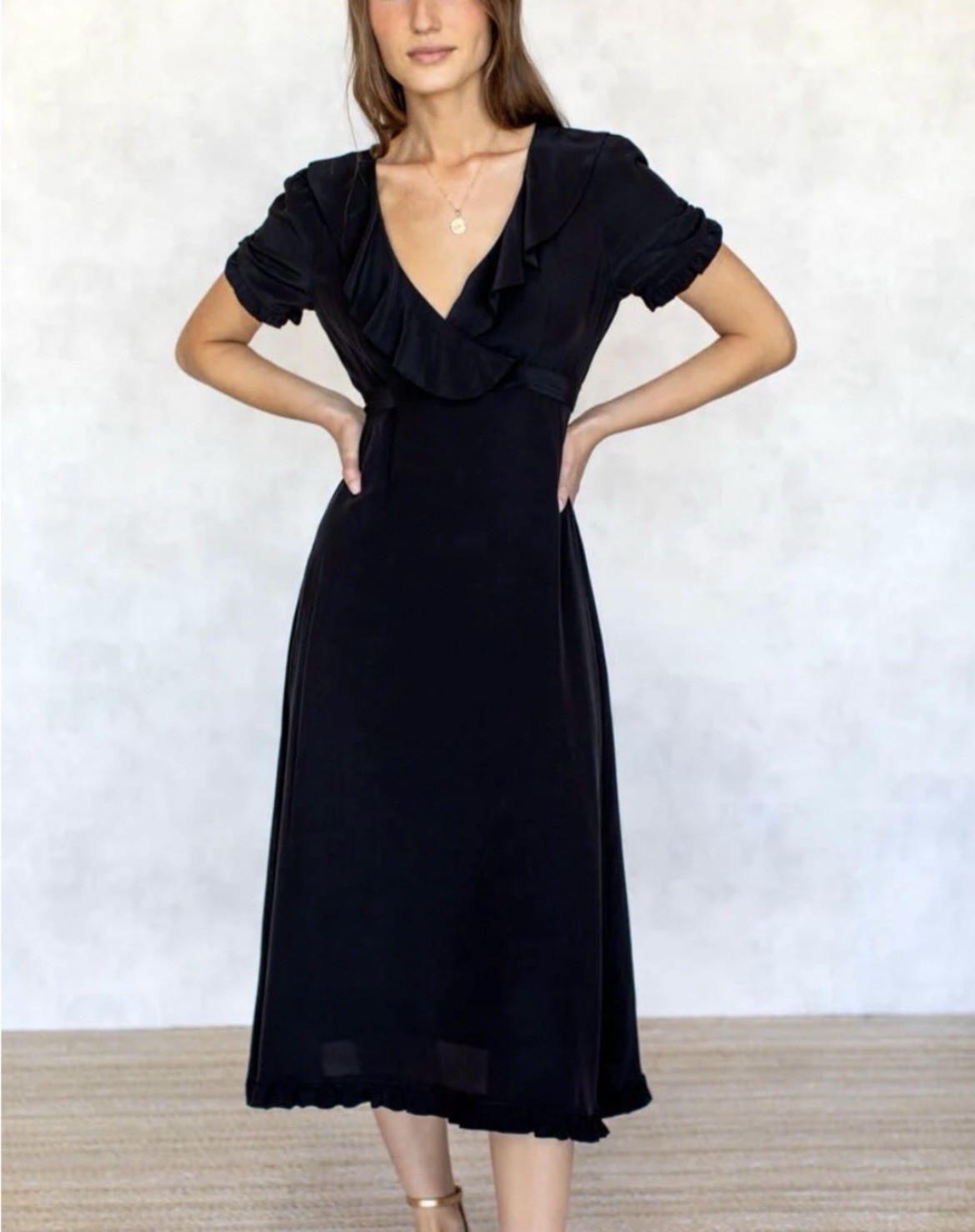 Emerson Fry Black Ruffle V-Neck Wrap Style Abella Long Lined Made in USA Dress L