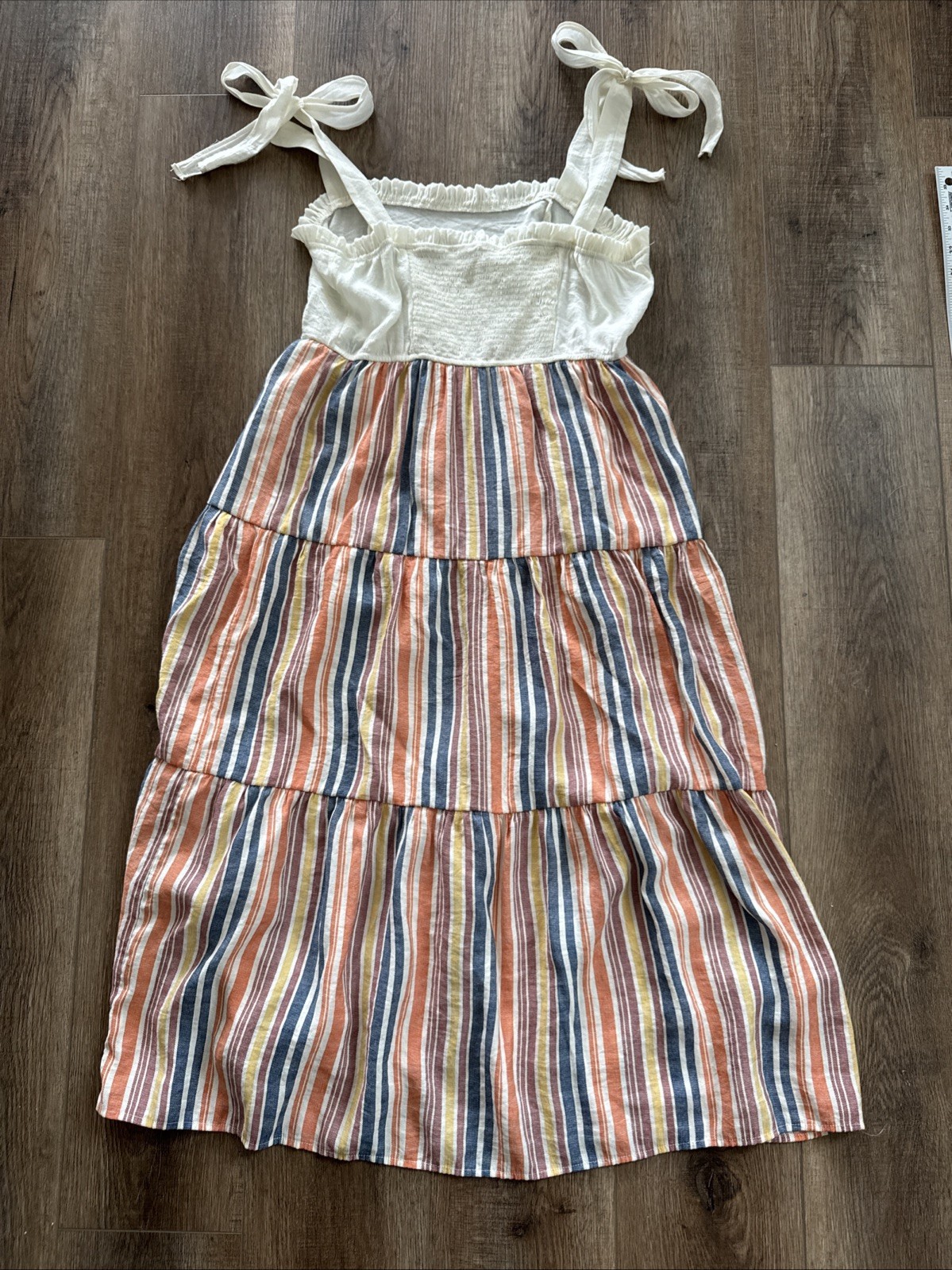 Anthropologie By The River Large Dress Striped Contrast Midi Stretch Tiered C3