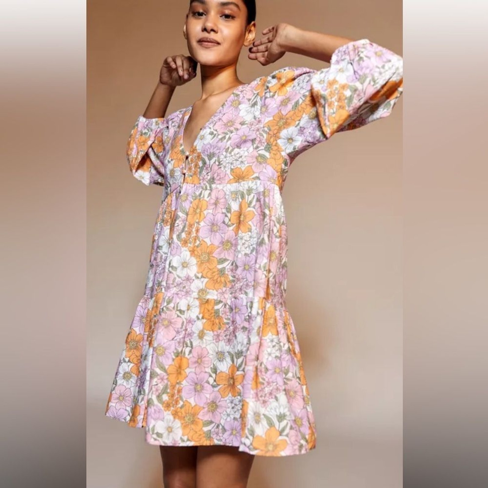 MINKPINK Women’s Ester Smock Mini Dress size XS floral retro boho 60’s dress