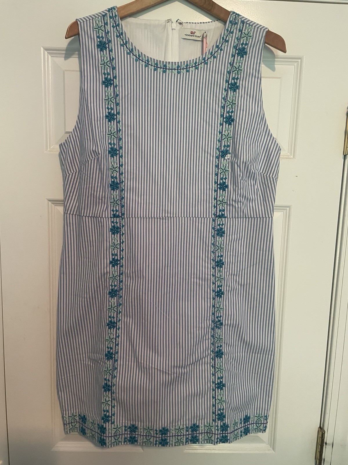 NWT Vineyard Vines Blue/White Striped Embroidered Lined Shift Dress Knee 14