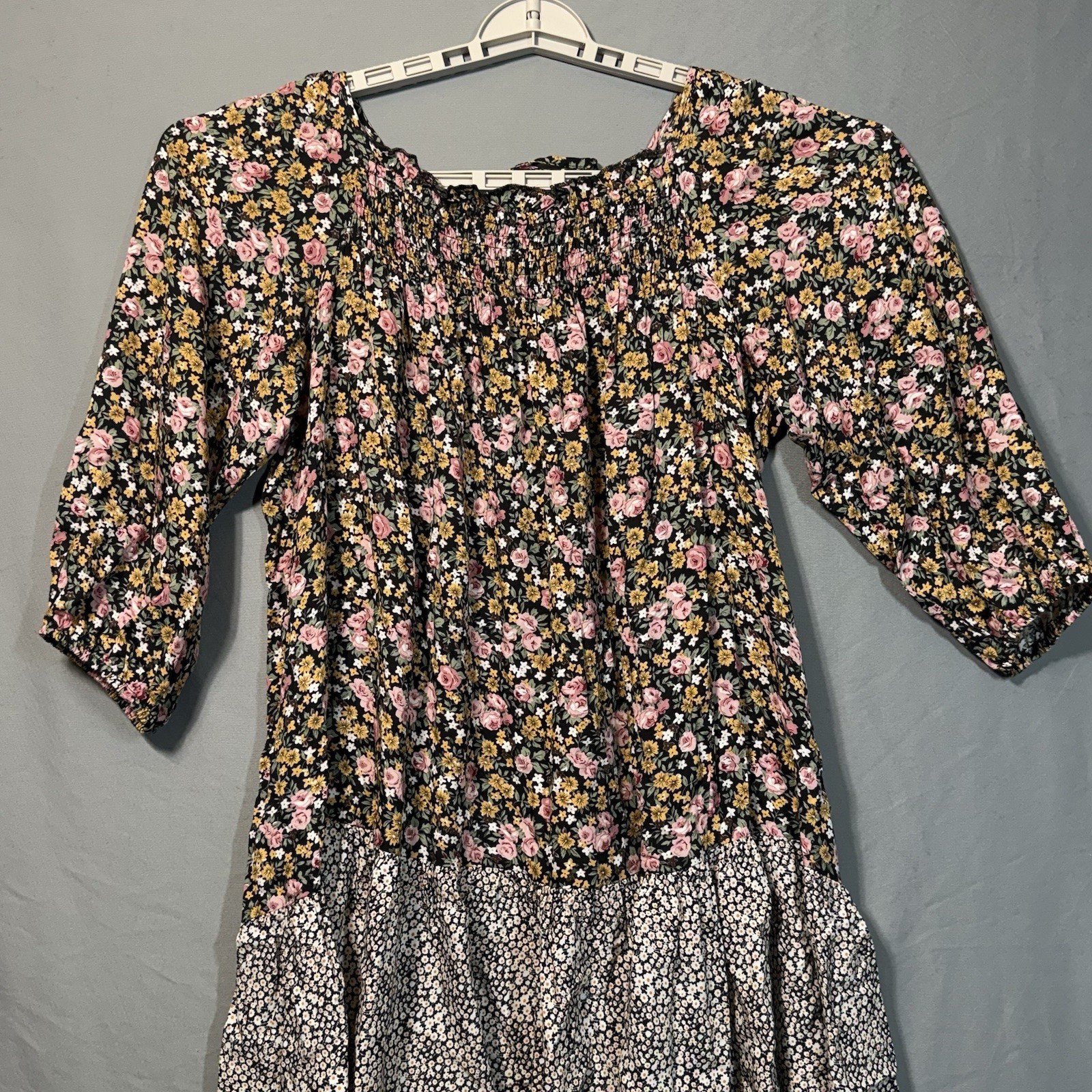 Floral Peasant Dress Mixed Print Boho Tunic Babydoll Size Medium Cottagecore