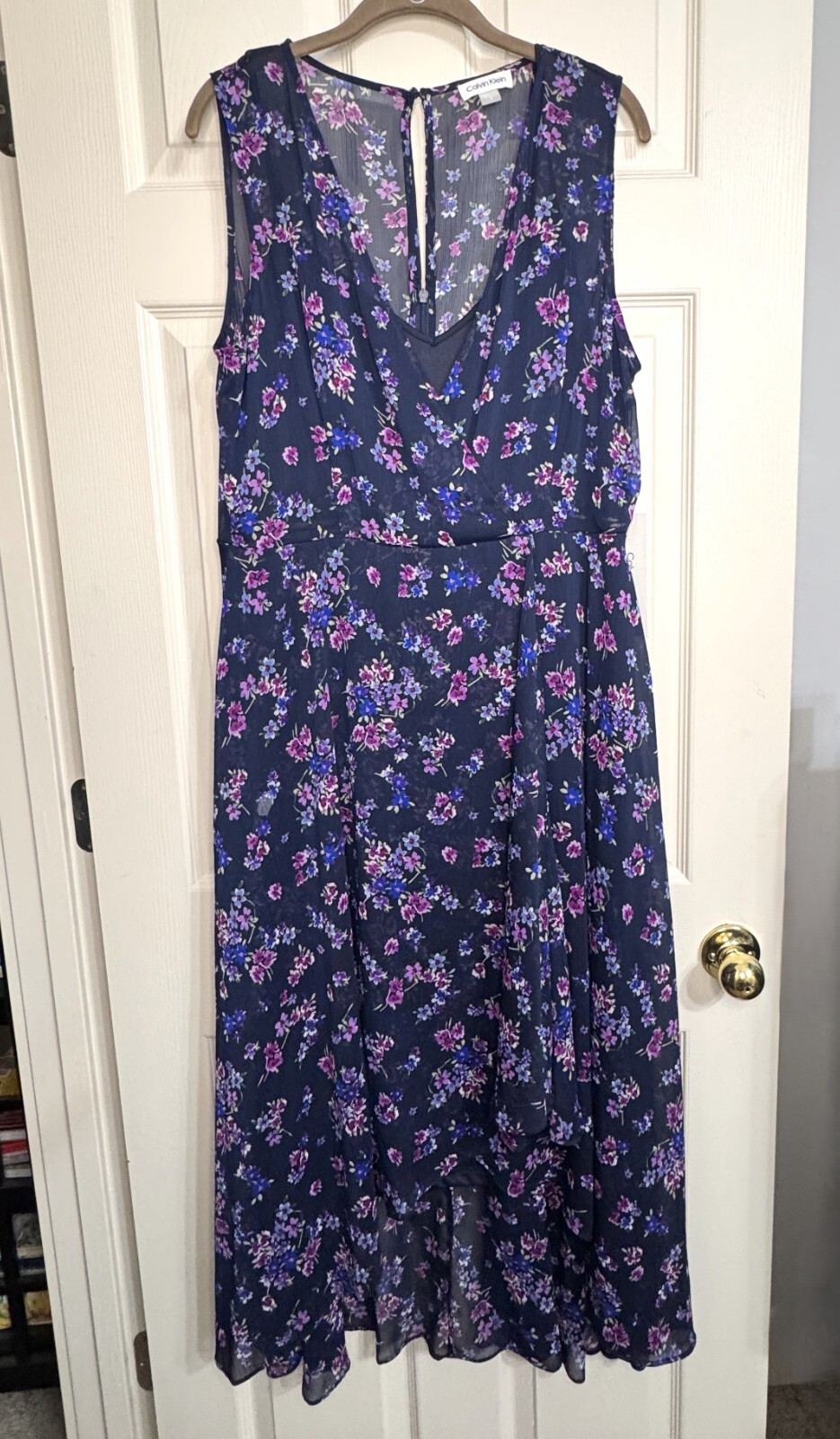NWT Calvin Klein Size 14 Navy Print Chiffon Faux-Wrap A-Line Midi Dress