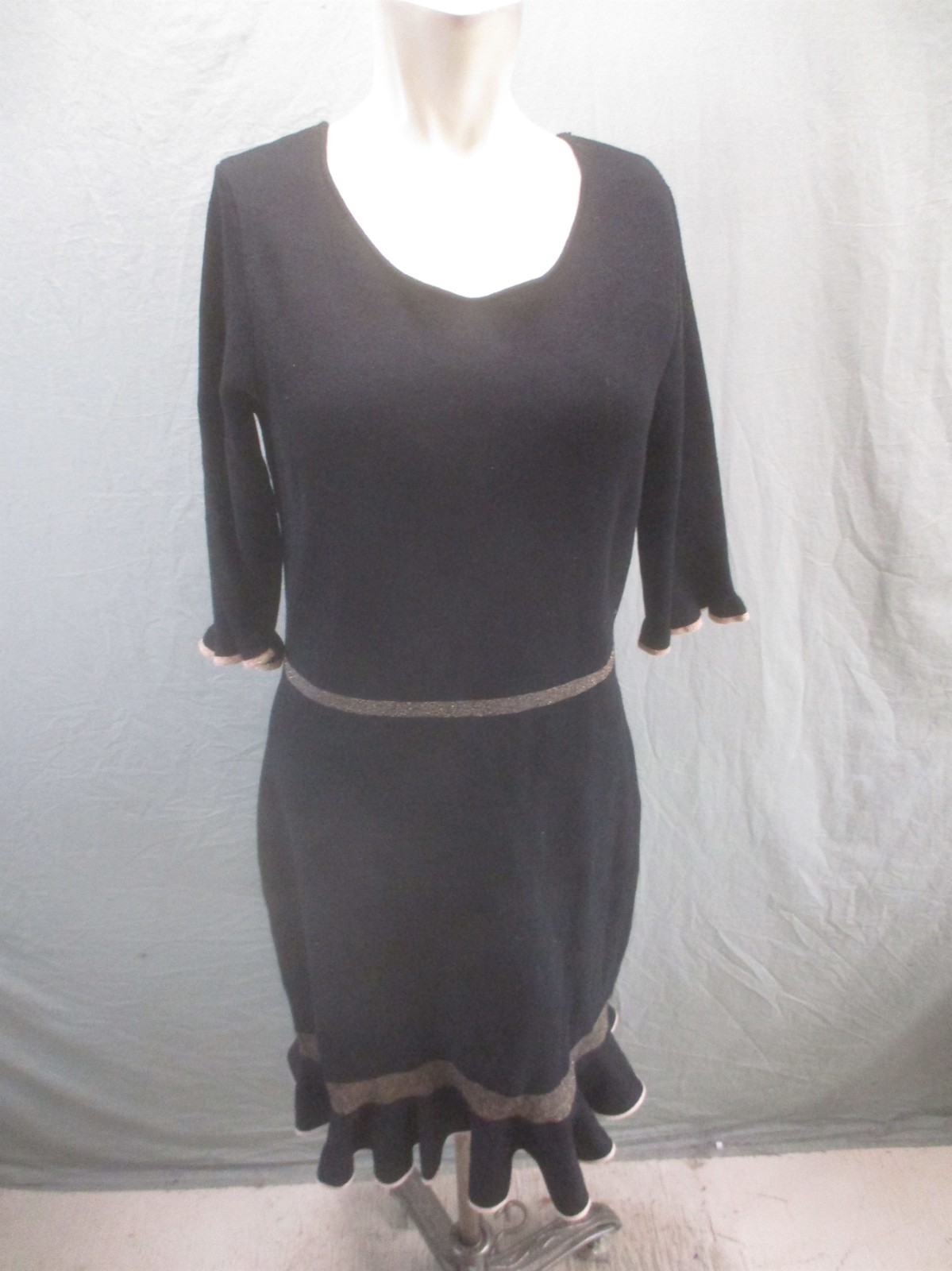 Taylor Size L Womens BLK 3/4 Ruffle Sleeve Round Neck Knit Midi Sheath Dress 800