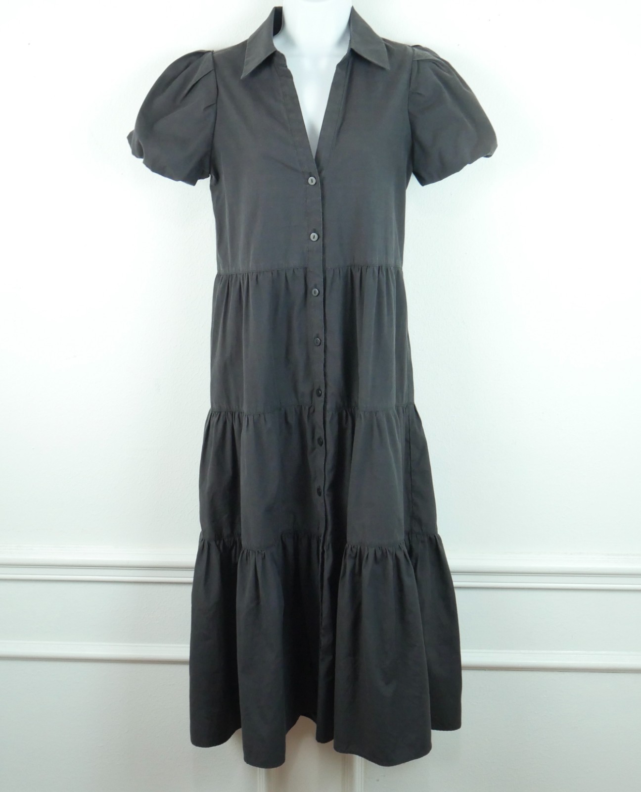 Brochu Walker Havana Dress XS Washed Black Tiered Midi Puff Sleeve Charcoal Grey