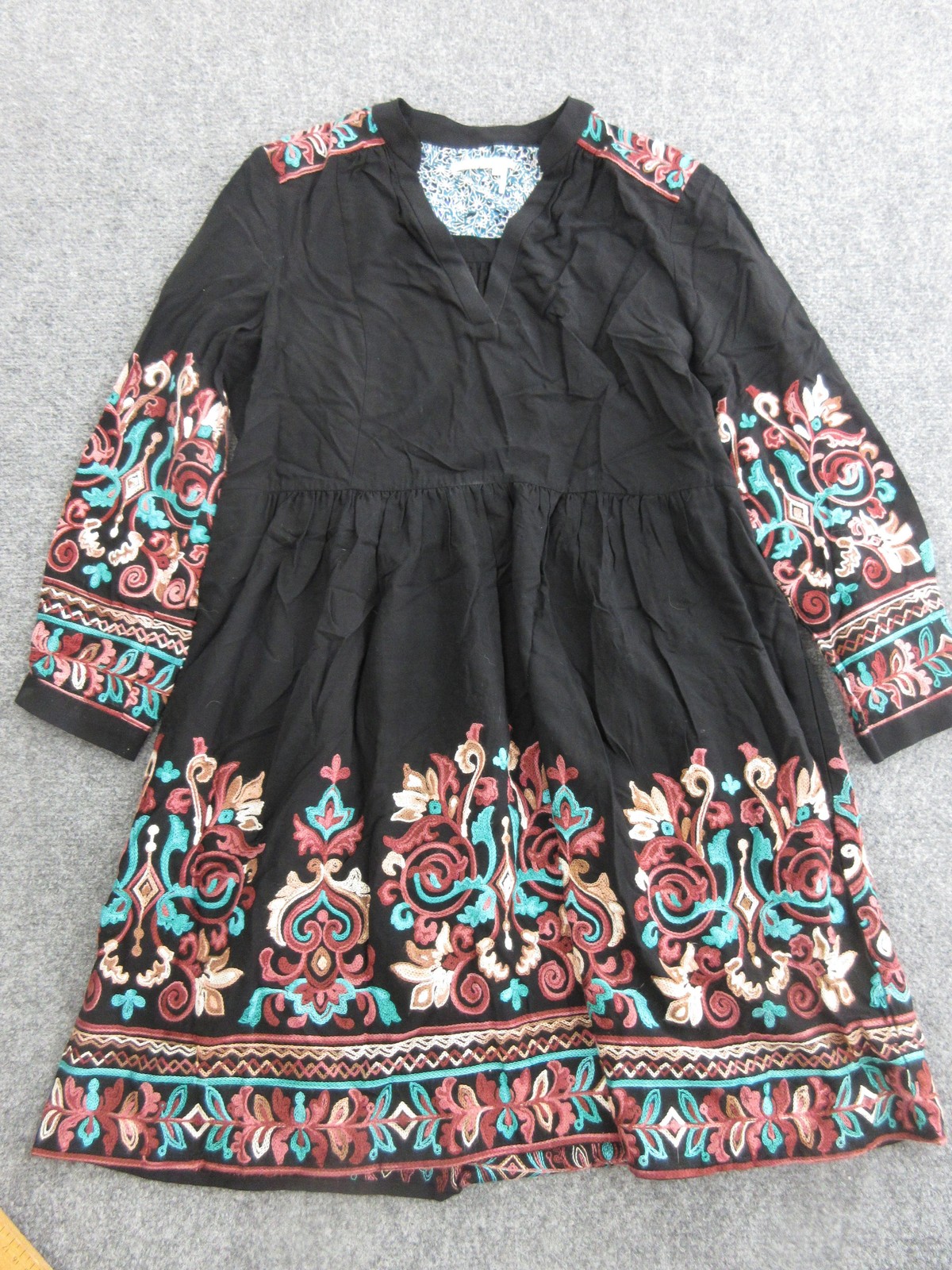 Floret Dress Womens Petite Small Black Embroidered Boho Trapeze Long Sleeve
