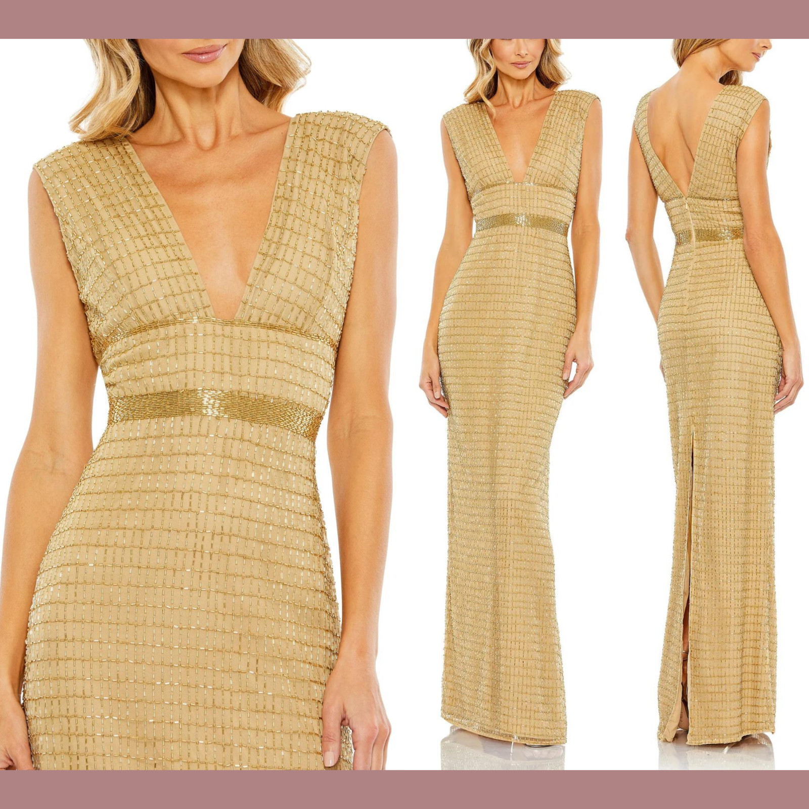 NWT $598 Mac Duggal [ 8 ] 5625 Beaded Cap Sleeve V Neck Column Gown Gold #G1605