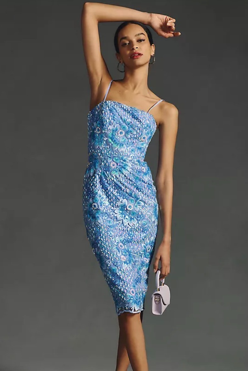 Dress The Population “Josselyn” Beaded & Sequin Blue Midi-Dress, XS