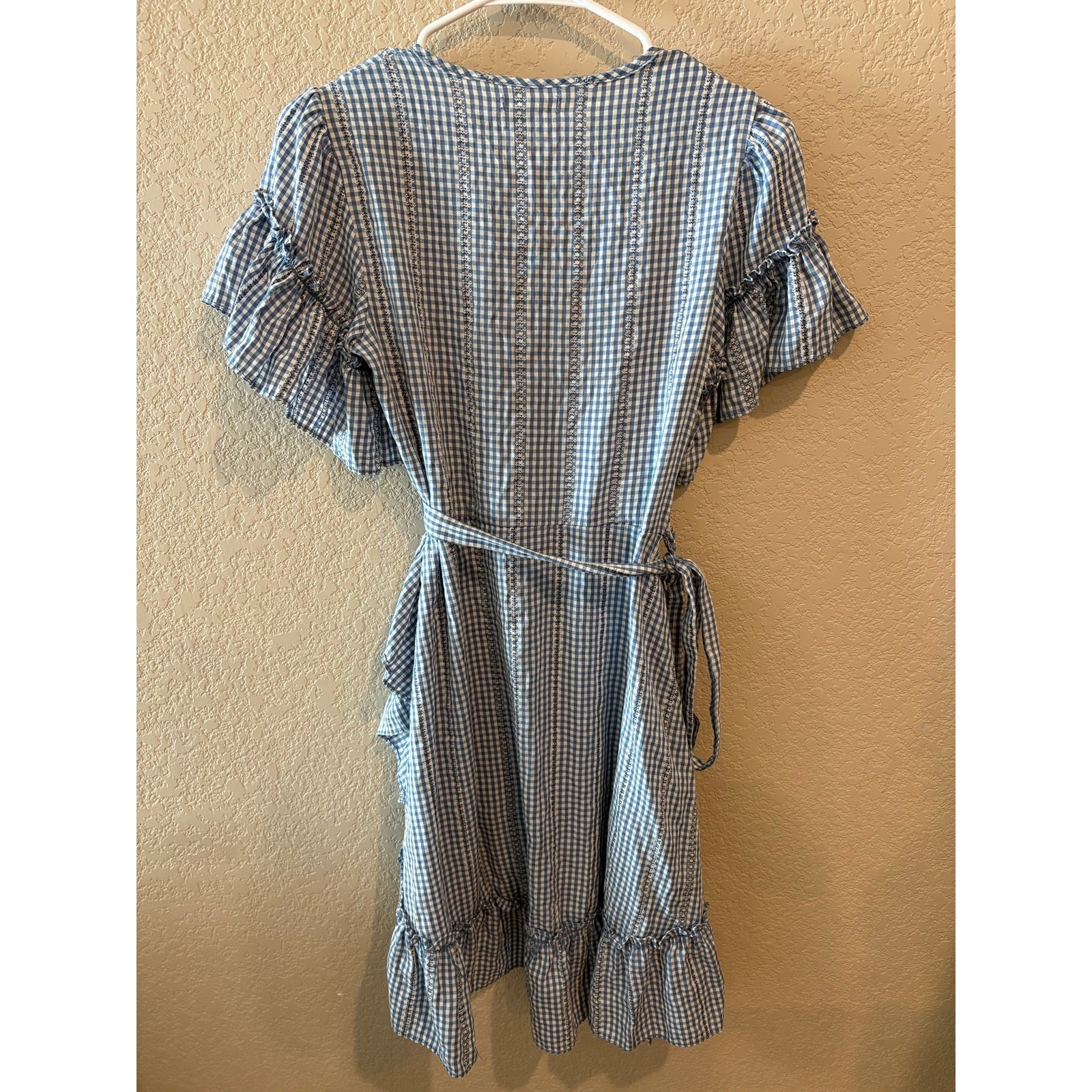 Blue Gingham Feminine Wrap Ruffle Mini Dress