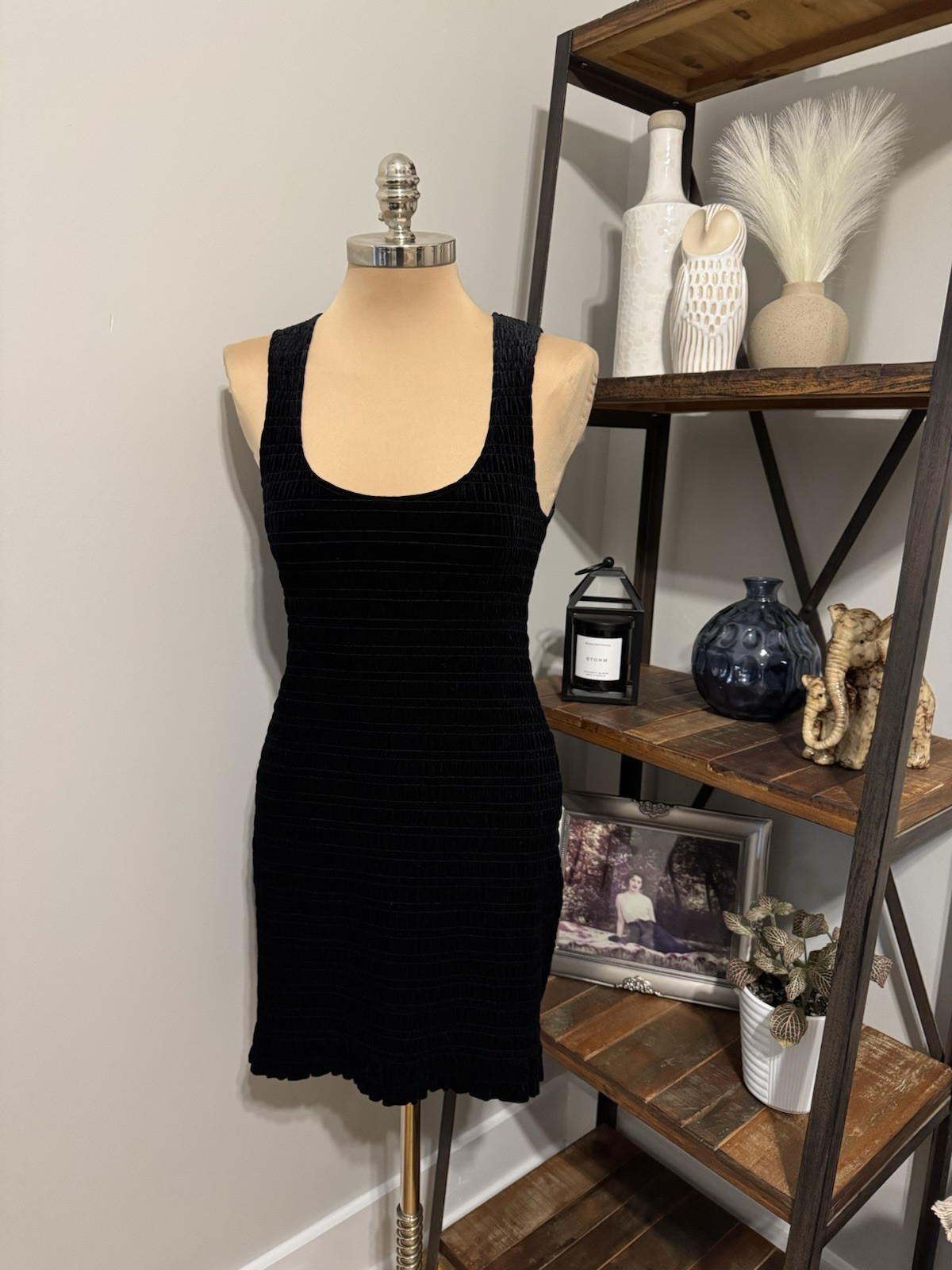 GANNI Smocked Shirred Stretch Velvet Mini Black Dress Women’s Size 38