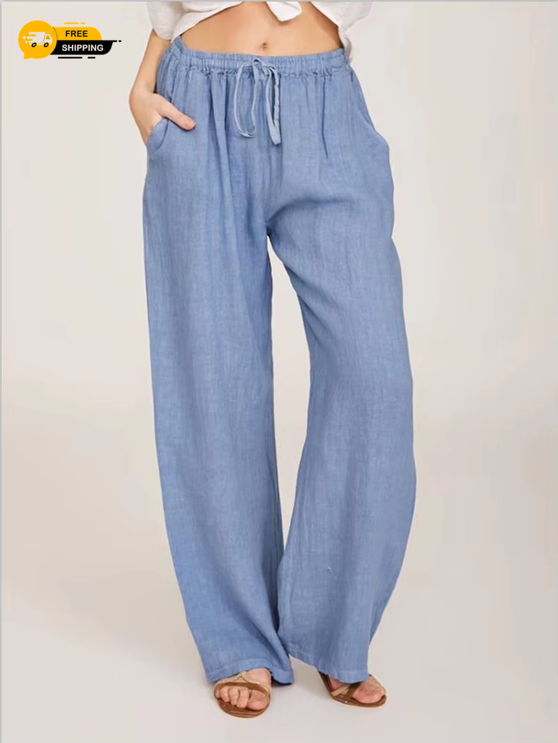 Linen Pants Summer and Autumn Solid High Waist Wide-Leg Trousers Female Loose He