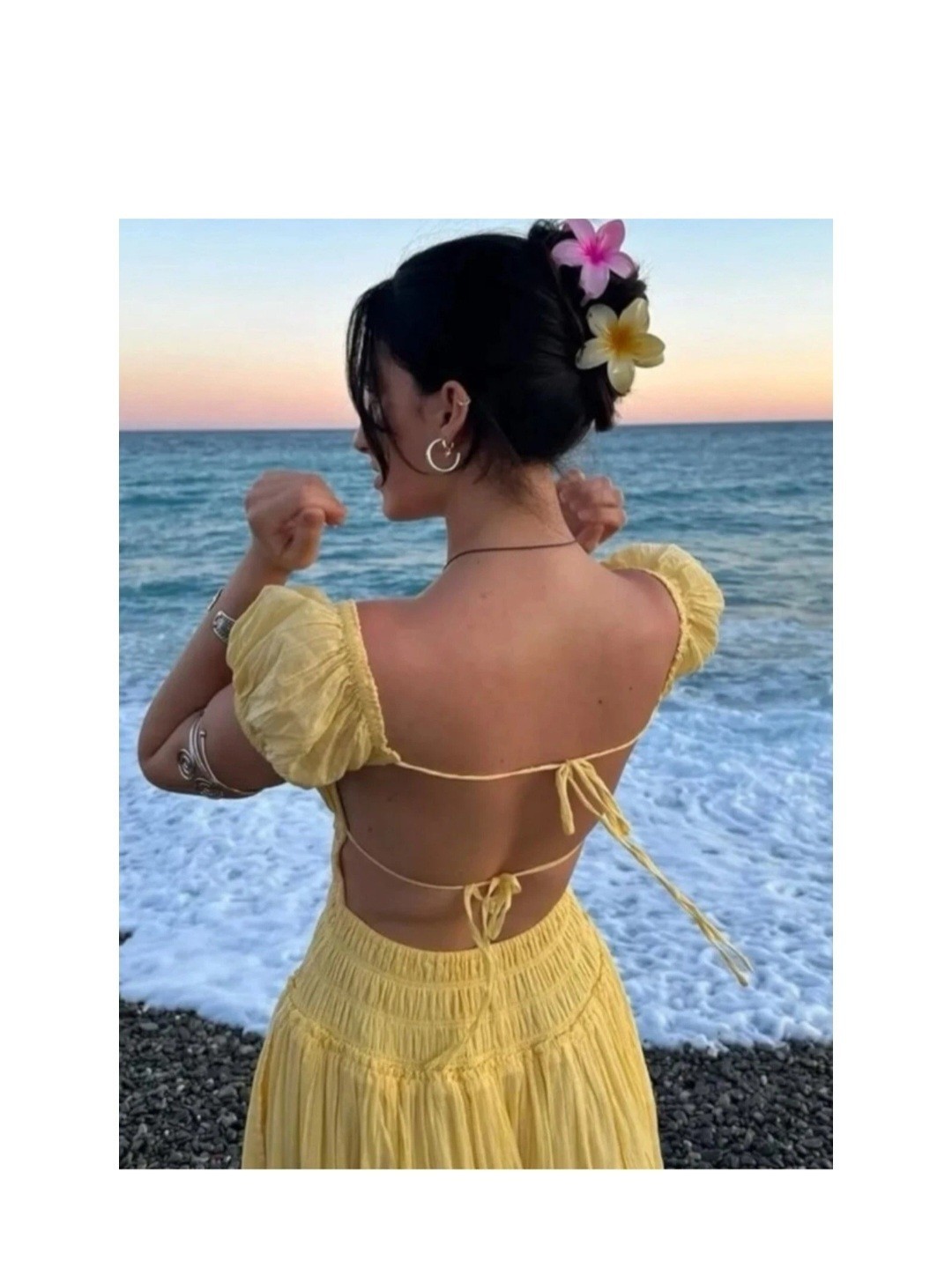 Free People Yellow Solid Square Neck Backless Smocked Puff Sleeve Midi P