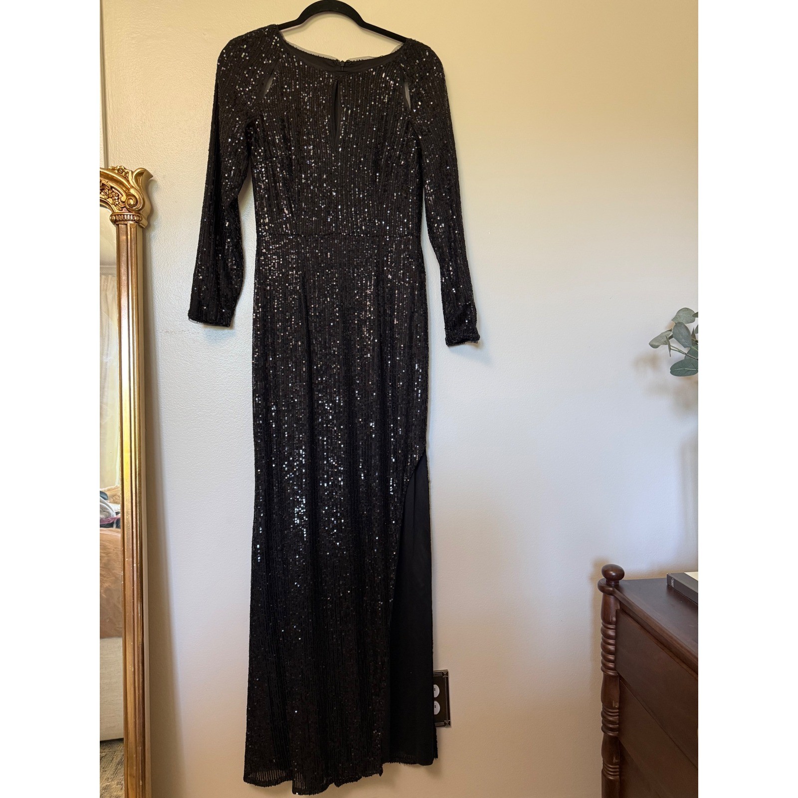 Black Sequin Long Sleeve Maxi Dress Shoulder Cut Out Side Slit Formal Gown